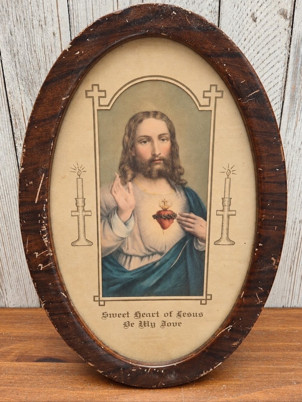Vintage 12x8 Sacred Heart of Jesus Oval Framed Catholic Devotional Art